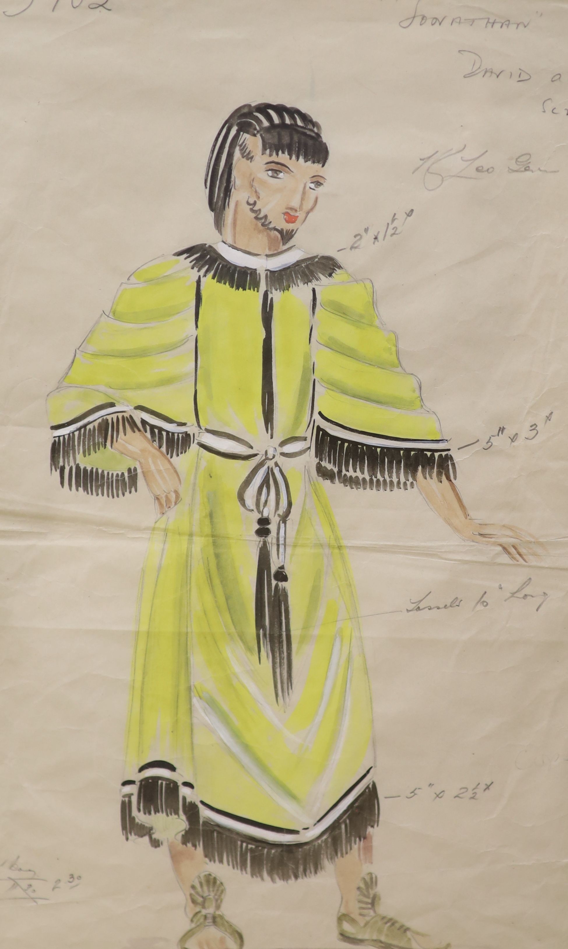 20th century English School, three watercolours, Costume designs for Jonathan, inscribed in pencil, 45 x 27cm